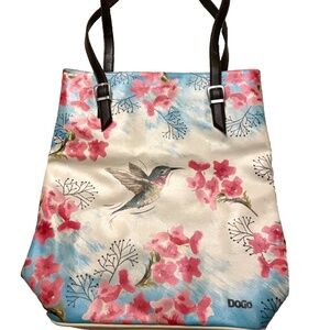 DOGO Vegan Leather Tote Bag;‎ Hummingbird/Cherry Blossoms; long straps